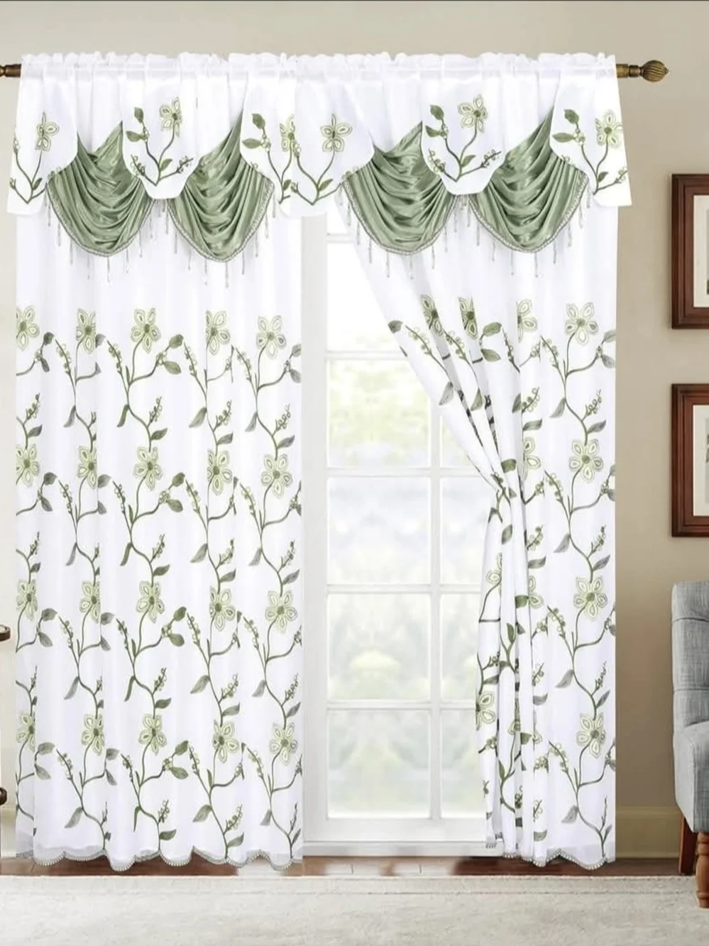 Elegant Green Floral Window Curtain Set - White & Sage